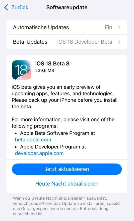 固镇苹果手机维修分享苹果 iOS / iPadOS 18 开发者预览版 Beta 8 发布 